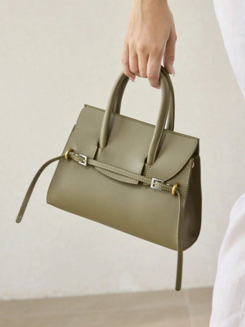 Warm Olive Green Faux Leather Belted Top Handle Satchel Bag